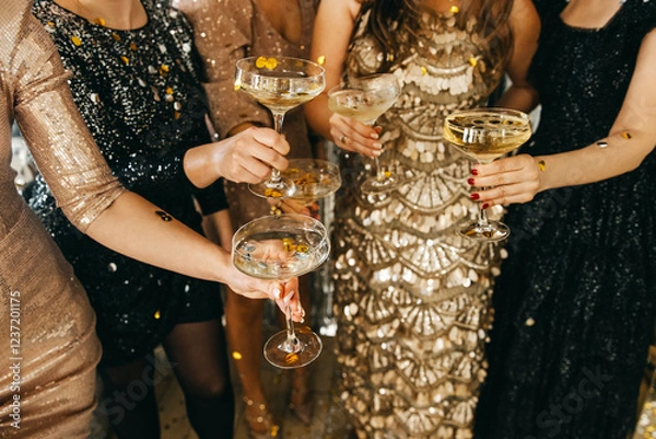 Fototapeta A glamorous celebration with elegantly dressed women toasting with champagne glasses, surrounded by gold confetti, exuding luxury and festive joy.