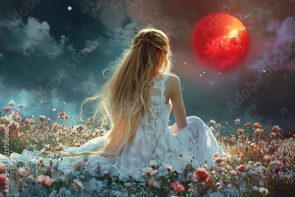 Fototapeta Elegant princess with long golden hair in a white lace dress, sitting in a flower field under a dark red solar eclipse