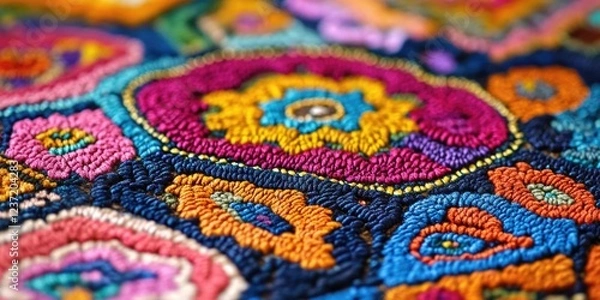 Fototapeta Colorful hand-embroidered pattern on a piece of textile. Paisley designs with vivid colors and intricate details.