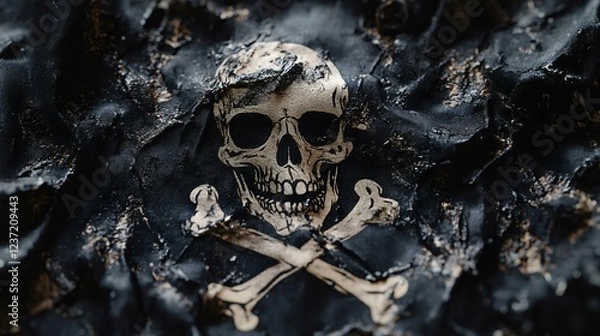 Fototapeta A close-up view of a distressed pirate flag featuring a skull and crossbones design, symbolizing danger, rebellion, and adventure.