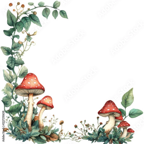 Fototapeta Vintage botanical frame with red mushrooms and greenery isolated png