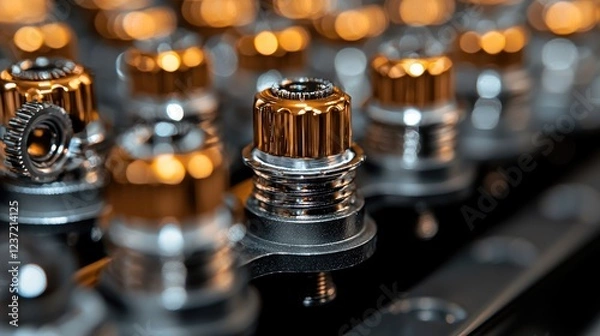 Obraz Close-up of precision metal parts, factory setting, bokeh background, industrial manufacturing