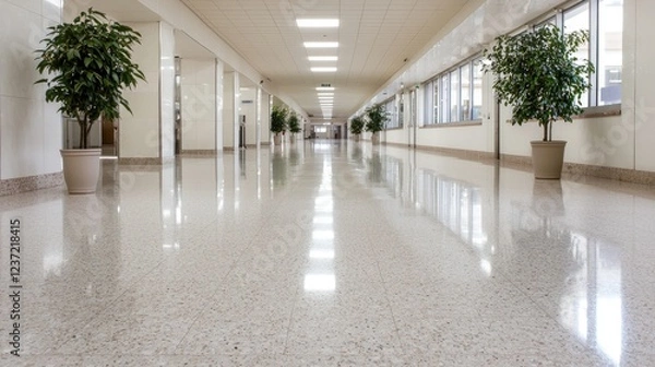 Fototapeta Bright hallway, plants, shiny floor, office building interior, architecture design