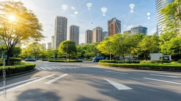 Fototapeta Smart city concept with interconnected data lines and glowing skyscrapers.