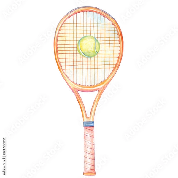 Fototapeta Watercolor tennis racket with ball isolated on transparent background isolated png