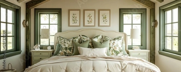 Obraz A charming bedroom with a cream-colored bed adorned with soft green floral pillows