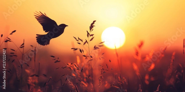 Fototapeta A bird in flight over a grassy field during sunset with a vibrant orange sky and the sun glowing in the background