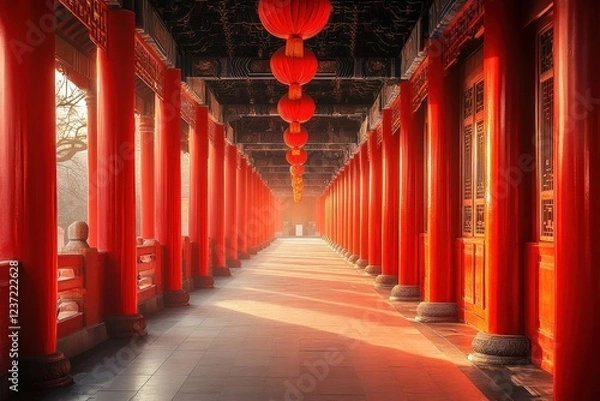 Obraz Sunlit red corridor in Chinese temple, peaceful atmosphere, travel.