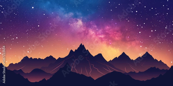 Fototapeta Mountain peaks silhouetted against a colorful starry sky with a gradient of purple, pink, and orange hues creating a serene and dreamy nightscape