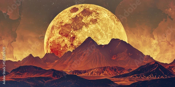 Fototapeta Majestic mountains under a giant golden full moon with a dramatic sky, creating a surreal and otherworldly landscape