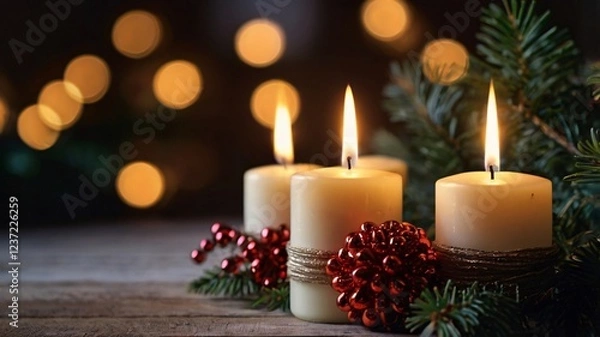 Obraz Cozy Christmas still life with candles, decorations, and festive atmosphere featuring ornaments, pine branches, and warm glowing flame, Christmas Background