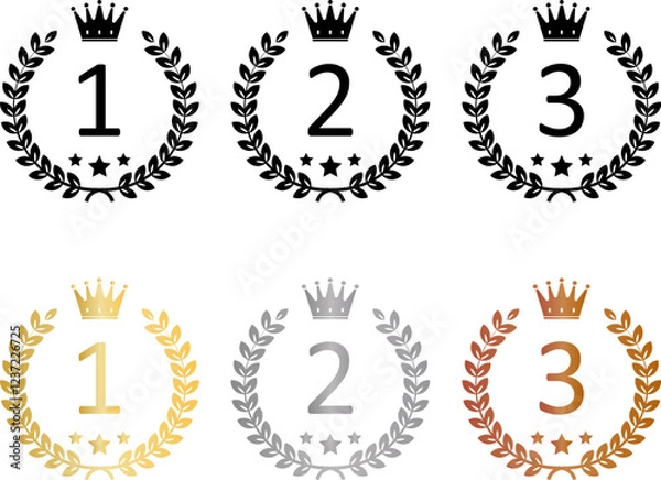 Fototapeta Number one, Number 2, Number 3, gold, silver, bronze crown laurel banner vector icon illustration white background.
