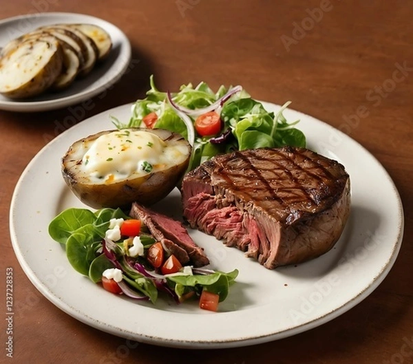 Obraz Steak dinner with potato and a salad