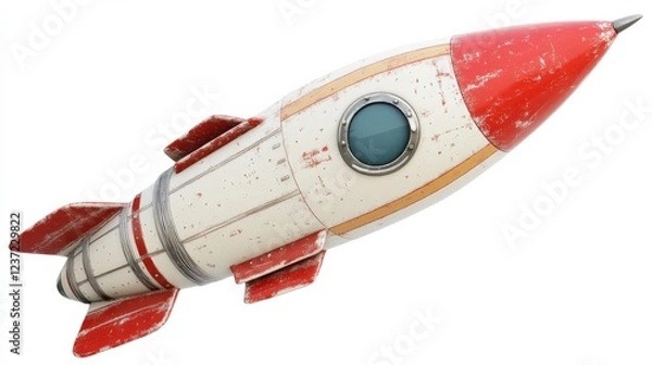 Fototapeta Retro red and white rocket with fin detailing and blue window