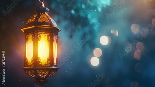 Fototapeta A beautifully designed lantern glowing softly in a dreamy, blurred background.