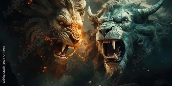 Fototapeta Mythical lion beasts clashing, fiery background, fantasy art, game concept.