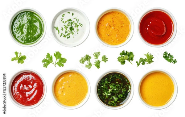 Fototapeta Tasty sauces with herbs in small bowls isolated on transparent background