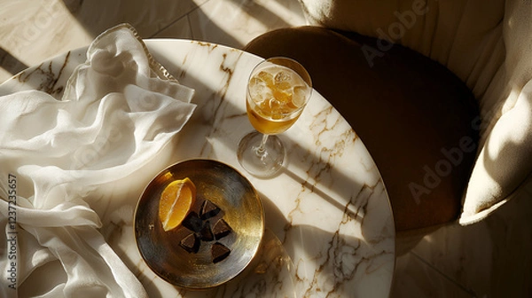 Fototapeta Sunlit table setting with a refreshing drink, chocolate squares, and an orange slice.
