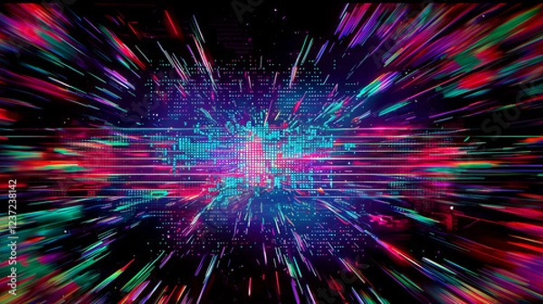 Obraz Retro 8-bit arcade style, colorful static noise, sharp flickering distortions, digital interference. Dynamic pixelated lines on black background with RGB glitch
