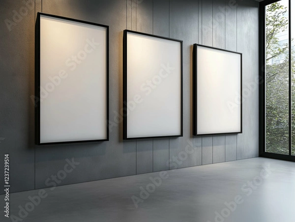 Obraz Empty picture frames on gallery wall. Three empty picture frames hang on a gallery wall in a modern art display space