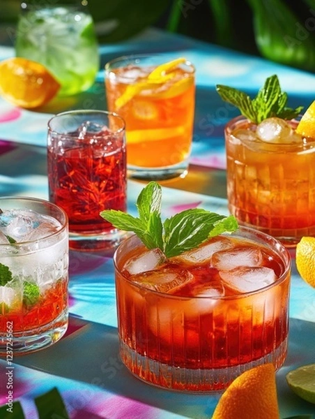 Fototapeta Colorful assortment of fruity beverages on a table, suitable for social events or warmer weather.