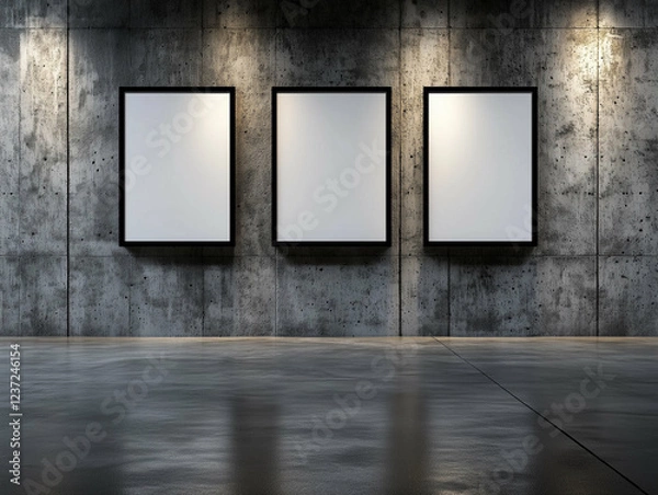 Obraz Three empty frames on a concrete wall in an art gallery. Empty frames hanging on the wall in the art gallery