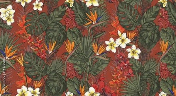 Fototapeta Seamless patterns with tropical leaves and exotic flowers for packaging or fabric design