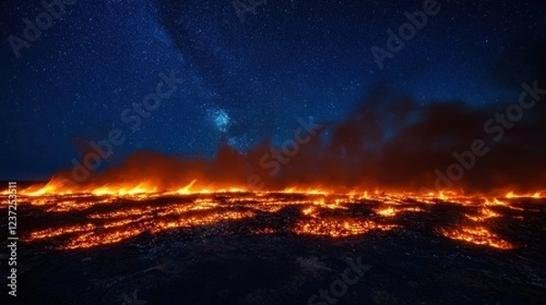 Obraz Close-up of dark, cool embers with small, sporadic sparks rising, set against a backdrop of burnt logs and fading smoke.