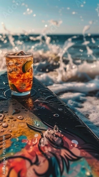 Obraz Colorful paddle board with Aperol spritz cocktail on Italian beach at sunrise