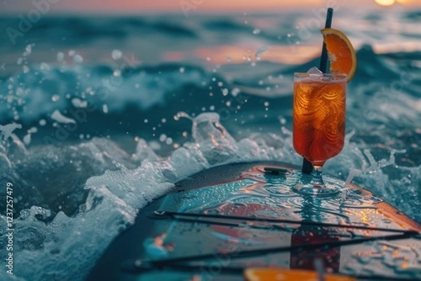 Obraz Enjoying an Aperol spritz on a colorful paddle board along the Italian beach at sunset