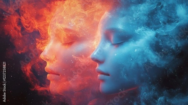 Fototapeta Ethereal duality of fire and ice faces in cosmic clouds