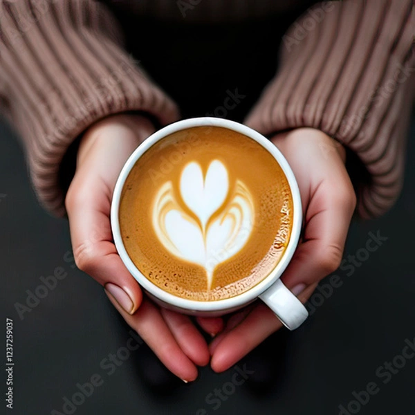 Obraz Woman's hand holding a coffee cup in a sweater. Generative Ai.