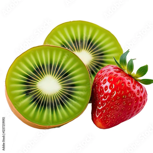 Obraz Freshly sliced kiwi fruit and whole ripe strawberry arranged naturally together. Generative Ai