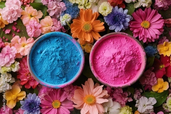 Obraz Freshly squeezed pink and blue paint powders in a rustic flower garden setting. Paint used to create vivid floral decorations.
