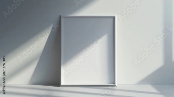 Fototapeta Empty picture frame with shadows on minimalistic white wall in bright sunlight