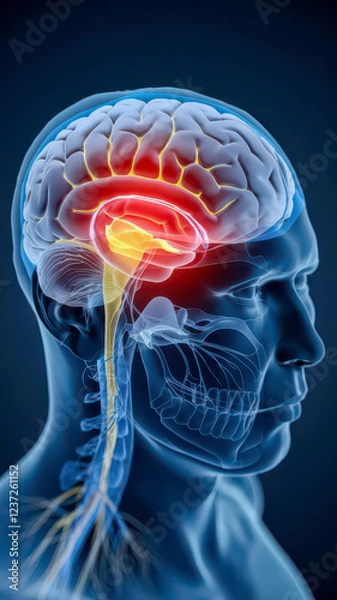Fototapeta Human brain anatomy with highlighted midbrain.