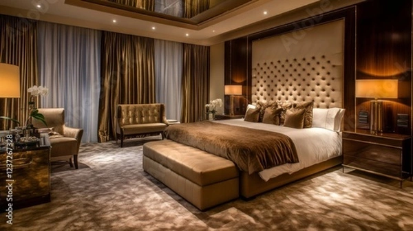 Fototapeta A luxurious bedroom featuring a tufted velvet headboard, opulent curtains, and a plush carpet, with sleek, modern furniture and soft lighting