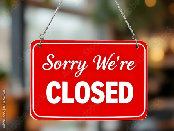 Fototapeta A red "Sorry We're CLOSED" sign hanging on a door, indicating the business is temporarily shut.