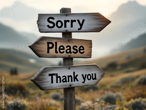Fototapeta Three wooden signs on a post in nature with "Sorry," "Please," and "Thank you" pointing in different directions.