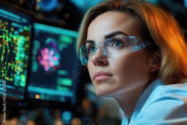 Fototapeta Female scientist analyzing data on computer screens in research lab