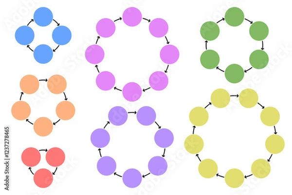 Obraz Set of 3, 4, 5, 6, 7, 8, 9 circles. Template for text in form of circles connected to each other by arrows in circular pattern. Vector simple illustration of cycle diagram infographic.