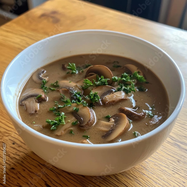 Fototapeta a bowl of thick mushroom soup with sliced ​​button mushrooms and fresh herbs, perhaps parsley.  