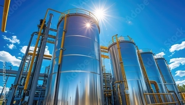 Fototapeta Green Tech.Hydrogen storage tanks at a hydrogen production plant under a bright blue sky with sunlight reflecting off their shiny surfaces