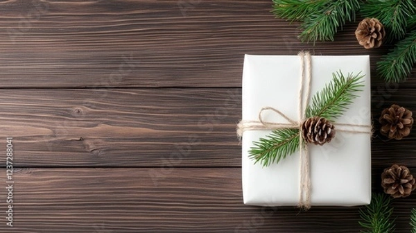 Obraz Rustic Christmas gift, pine, wood background