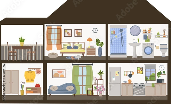 Obraz Cottage with furnished rooms. Dollhouse in section. Hallway with wardrobe, cabinet and clothes rack. Living room with sofa and flowers. Kitchen with furniture and utensils. Bathroom with shower and