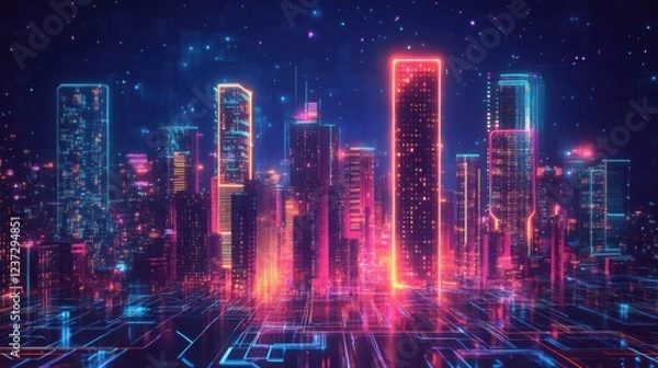 Fototapeta Futuristic neon cityscape at night with glowing skyscrapers and digital light patterns