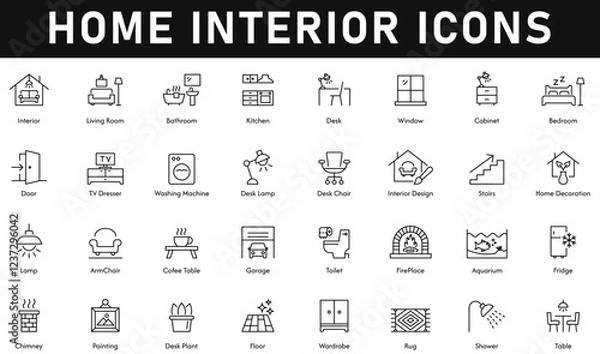 Obraz Home Interior Icons vector illustration with thin line editable stroke containing living, bathroom, kitchen, window, bedroom, door, table, floor, fridge, toilet, garage, lamp, stairs, rug, wardrobe.