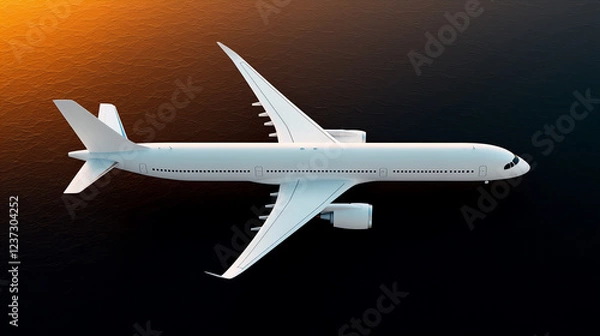 Obraz Large commercial airplane flying over the ocean during sunset with vibrant orange hues in the sky