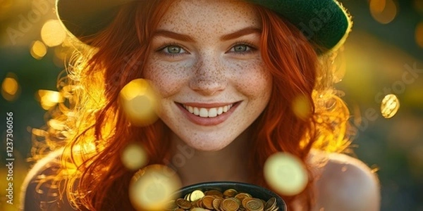 Fototapeta A joyful woman in a green hat celebrating St. Patrick's Day, surrounded by gold coins and glowing light. Perfect for holiday promotions and festive content.