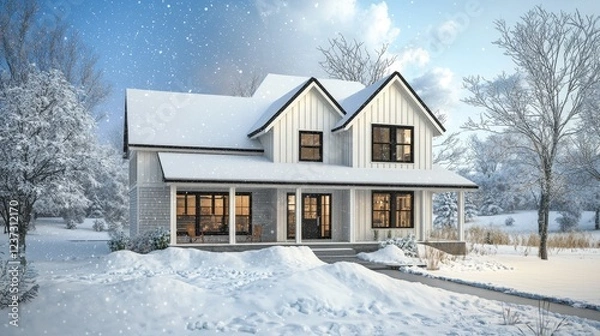 Fototapeta A traditional farmhouse with a thick snow drift closing the front yard, scattered snowflakes falling gently, muted color palette